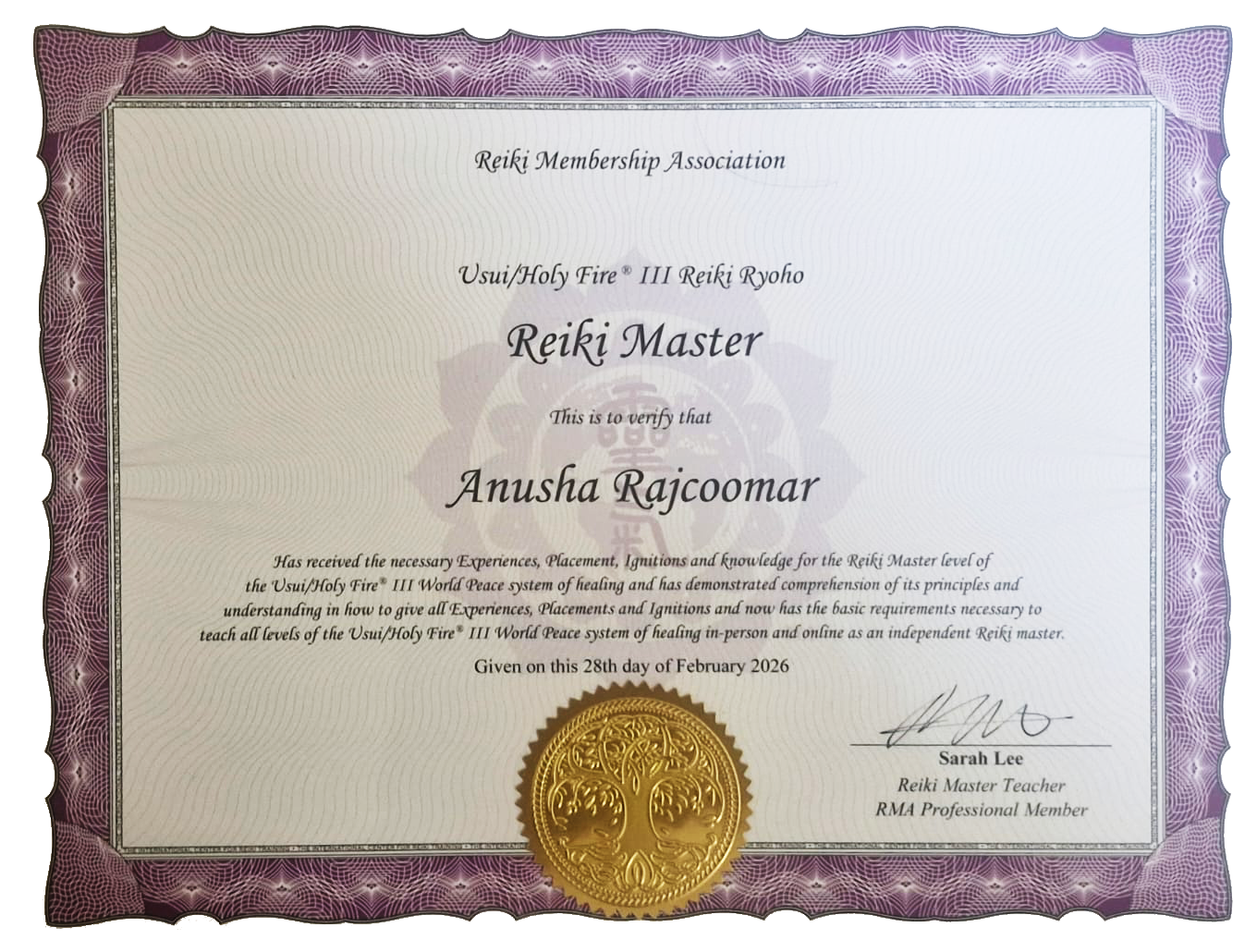Usui/Holy Fire III Reiki Master Certificate - Issued by Reiki Membership Association